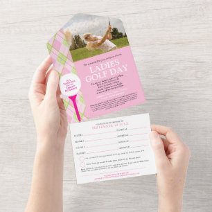 Invitation Tout En Un Dames de golf jour rose plaid photo personnalisée 