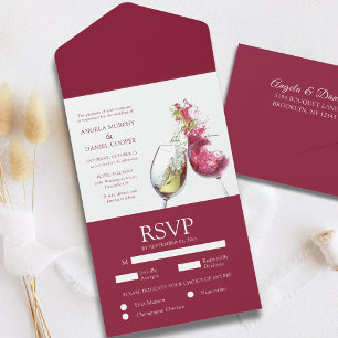 Invitation Tout En Un Danse de vin rouge et blanc Mariage avec RSVP