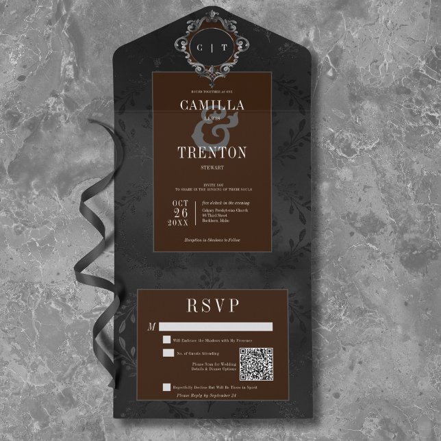 Invitation Tout En Un Dark Gothic Black & Brown Floral Satin QR Code (Dark Gothic Black & Brown Floral Satin QR Code All In One Invitation)