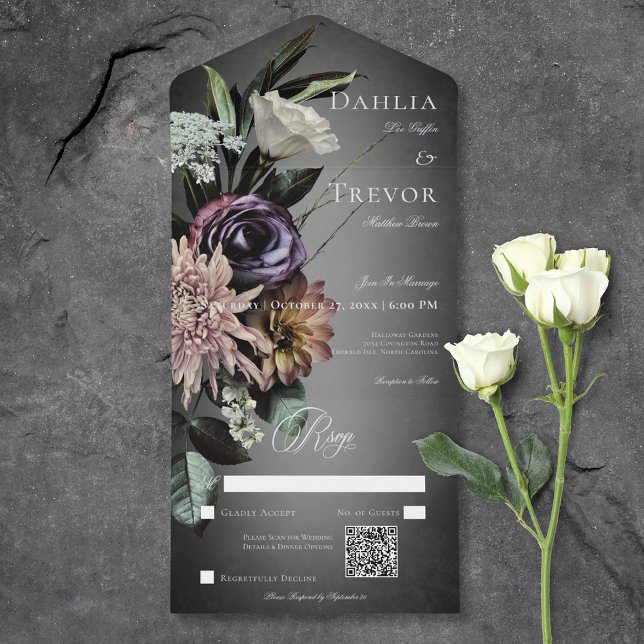 Invitation Tout En Un Dark Gothic Mystérieux Muted Floral Blur QR Code (Dark Gothic Mysterious Muted Floral Blur QR Code All In One Invitation)