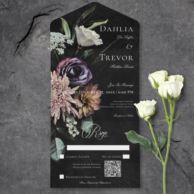 Invitation Tout En Un Dark Gothic Mystérieux Muted Floral QR Code (Dark Gothic Mysterious Muted Floral QR Code All In One Invitation)