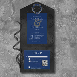 Invitation Tout En Un Dark gothique noir & bleu Floral Satin Code QR