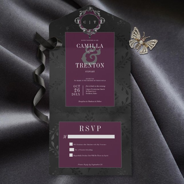 Invitation Tout En Un Dark Gothique Noir Bourgogne Satin Floral Non Dîne (Also available with a QR code or with dinner selection options.)