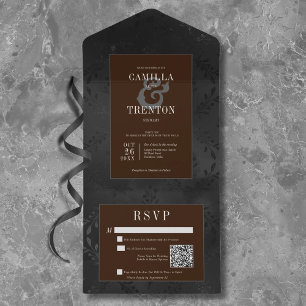 Invitation Tout En Un Dark gothique Noir et Brown Floral Satin Code QR