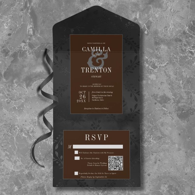 Invitation Tout En Un Dark gothique Noir et Brown Floral Satin Code QR (Créateur téléchargé)