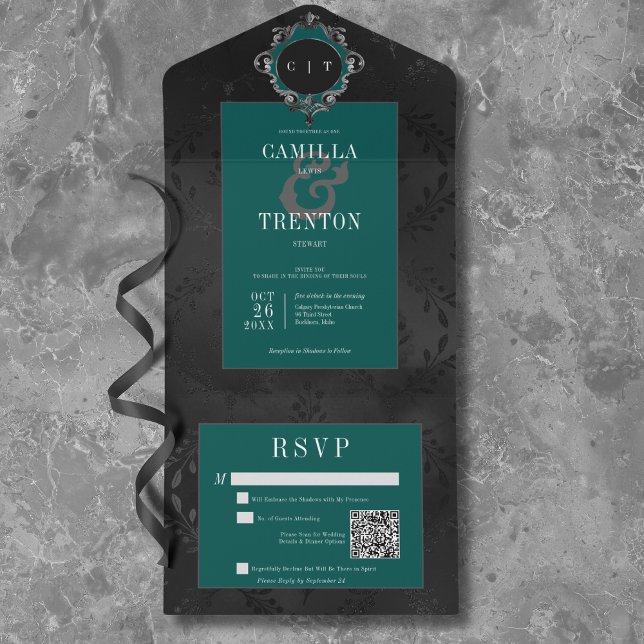 Invitation Tout En Un Dark gothique Noir et Turquoise Floral Satin Code  (Dark Gothic Black & Teal Floral Satin QR Code All In One Invitation)
