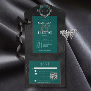 Invitation Tout En Un Dark gothique Noir et Turquoise Floral Satin Code