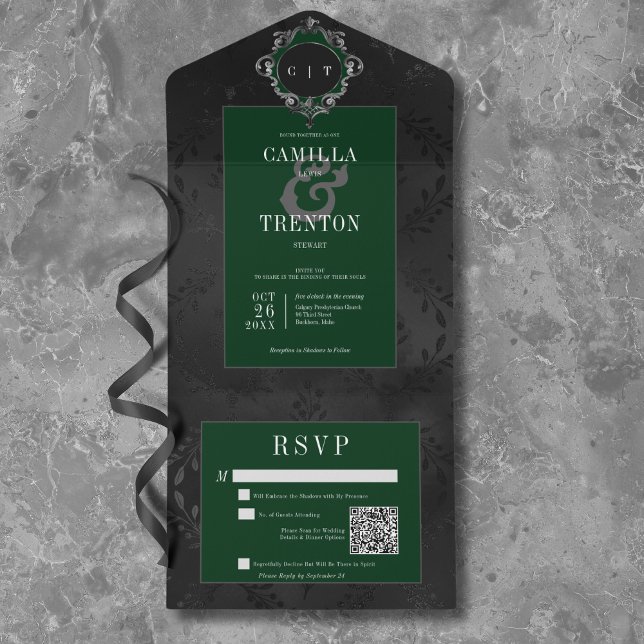 Invitation Tout En Un Dark gothique noir & vert Floral Satin Code QR (Dark Gothic Black & Green Floral Satin QR Code All In One Invitation)