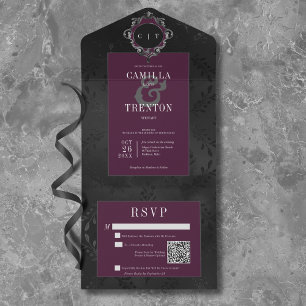 Invitation Tout En Un Dark gothique noir Vin floral satin QR Code