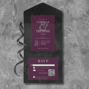Invitation Tout En Un Dark gothique noir Vin floral satin QR Code