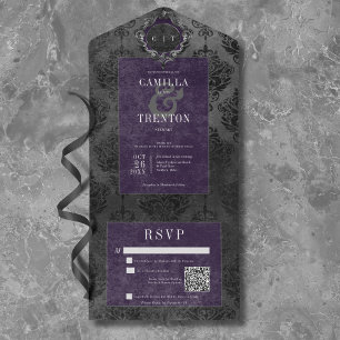 Invitation Tout En Un Dark Gothique Noir & Violet Damas Code QR