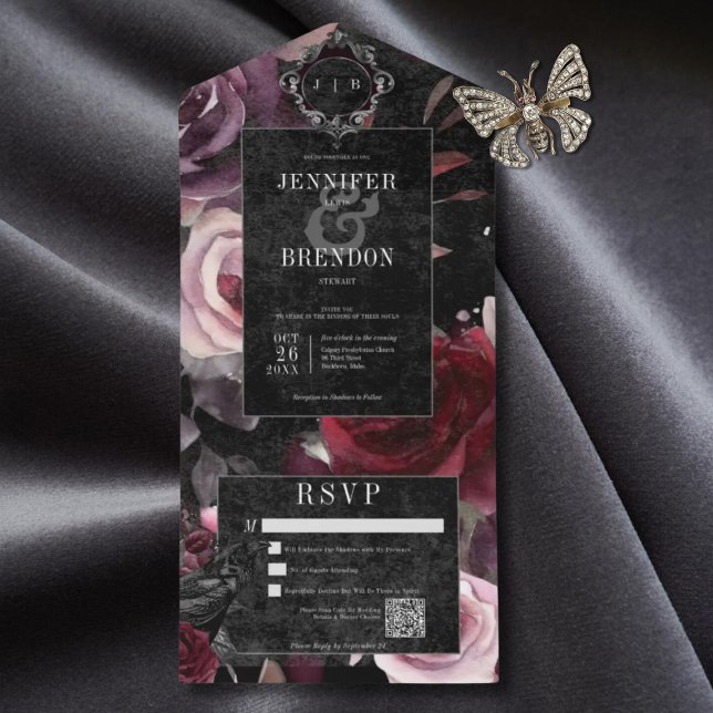 Invitation Tout En Un Dark gothique rose bordeaux & noir floral QR Code (Also available without a QR code; with or without dinner selection options.)