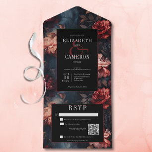 Invitation Tout En Un Dark gothique Vintage rouge et rose Floral QR Code
