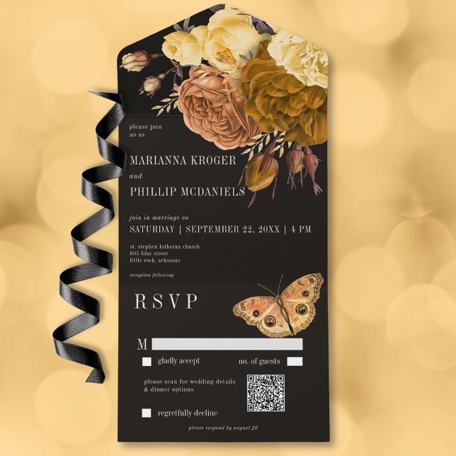 Invitation Tout En Un Dark Moody Black Automne Floral QR Code (Dark Moody Black Autumn Floral QR Code All In One Invitation)