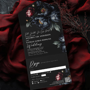 Invitation Tout En Un Dark Moody Black Peony Mariage gothique QR Code