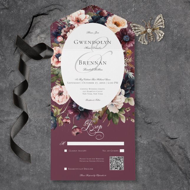 Invitation Tout En Un Dark Moody Bourgogne Oval Floral Frame QR Code (Dark Moody Burgundy Oval Floral Frame QR Code All In One Invitation)