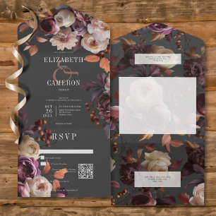 Invitation Tout En Un Dark Moody Fall Burgundy & Cream Peonies QR Code