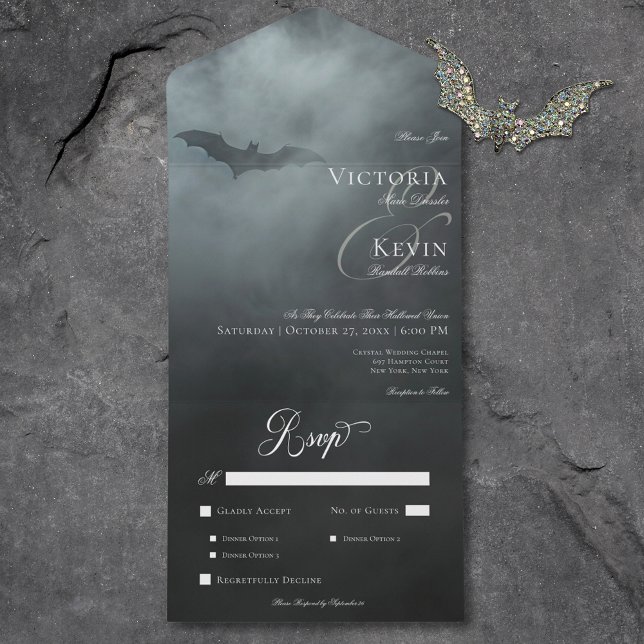 Invitation Tout En Un Dark Moody Midnight Bat & Fog Dinner Mariage (Dark Moody Midnight Bat & Fog Dinner Wedding All In One Invitation)