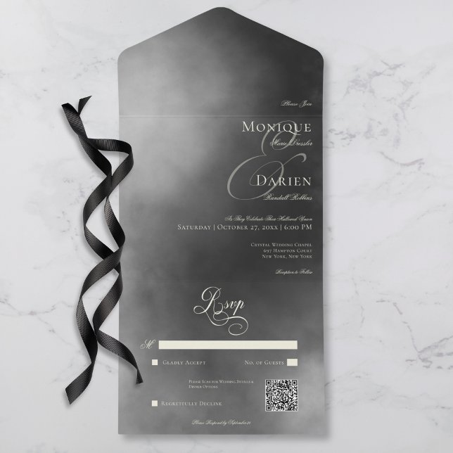 Invitation Tout En Un Dark Moody Midnight Black Fog QR Code Mariage (Dark Moody Midnight Black Fog QR Code Wedding All In One Invitation)