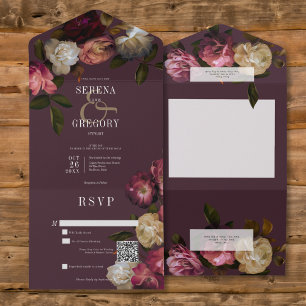 Invitation Tout En Un Dark Moody Pink Burgundy & Cream Peonies Code QR