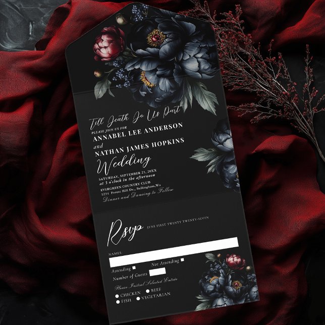 Invitation Tout En Un Dark Moody Romantic Black Peony Mariage gothique (Créateur téléchargé)
