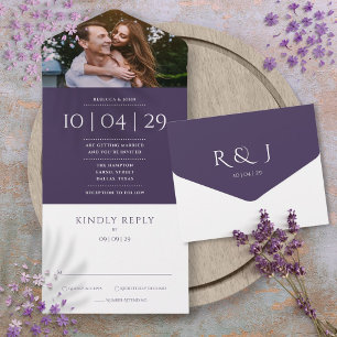 Invitation Tout En Un Date de mariage photo monochrome violet moderne
