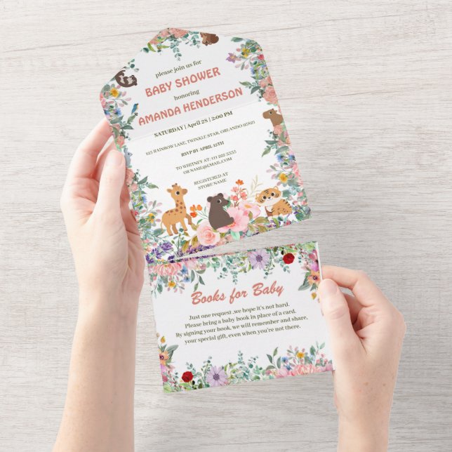 Invitation Tout En Un De mignons animaux safari zoo jungle baby shower f (Déchirure)