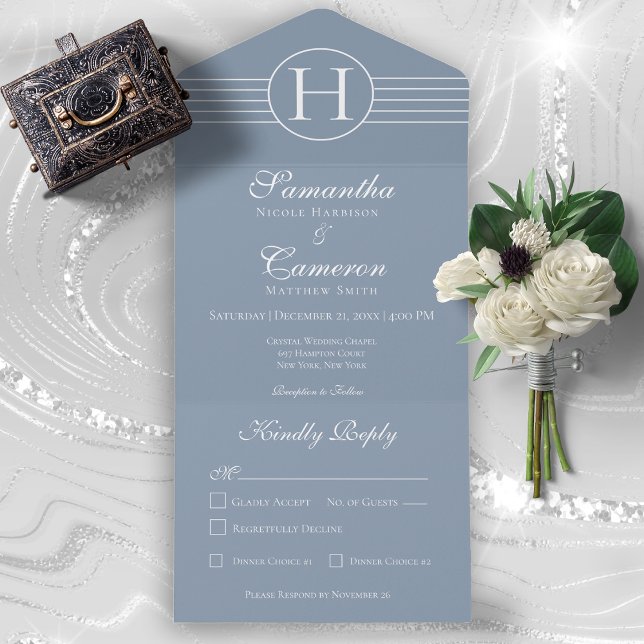 Invitation Tout En Un Déco Moderne Monogramme Dîner bleu Dusty (Créateur téléchargé)