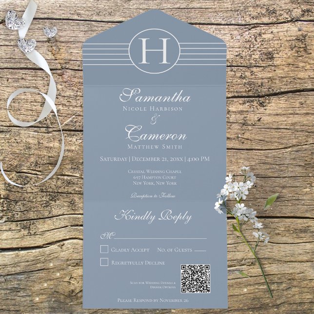 Invitation Tout En Un Déco Monogramme moderne Dusty bleu QR Code (Créateur téléchargé)