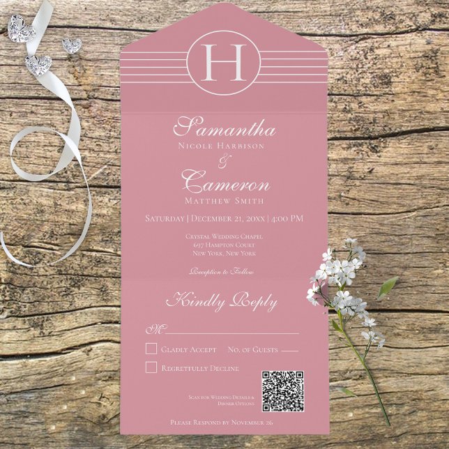 Invitation Tout En Un Déco Monogramme moderne Dusty rose QR Code (Créateur téléchargé)