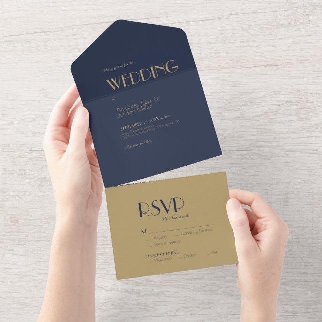 Invitation Tout En Un Déco type or | Dark Navy Mariage (Déchirure)