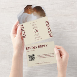 Invitation Tout En Un Deep Red & Ivory Typography QR Code Wedding  