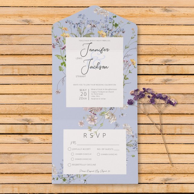 Invitation Tout En Un Délicat Boho Fleurs sauvages Périwinkle Dîner (Delicate Boho Wildflowers Periwinkle Dinner All In One Invitation)