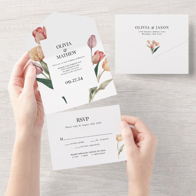 Invitation Tout En Un Délicat Tulip Aquarelle Mariage Menu Choix Rsvp (Créateur téléchargé)