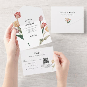 Invitation Tout En Un Délicat Tulip Aquarelle Mariage QR Code Rsvp