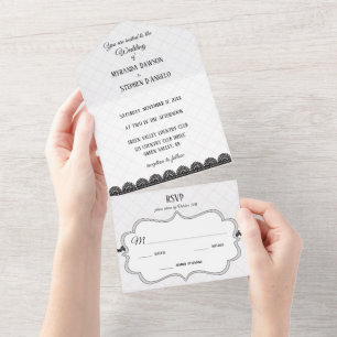 Invitation Tout En Un Dentelle noire sur mariage blanc personnalisé