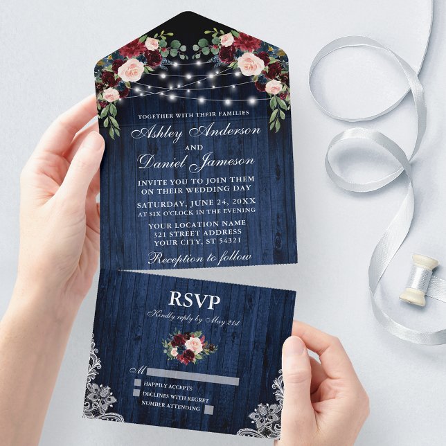 Invitation Tout En Un Dentelle Rustique Mariage Floral Bleu Bois (All In One Wedding Invitation with tear off RSVP Card)