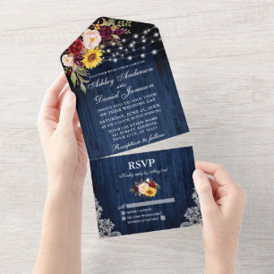 Invitation Tout En Un Dentelle Rustique Mariage Mixte Floral Bleu Lumièr