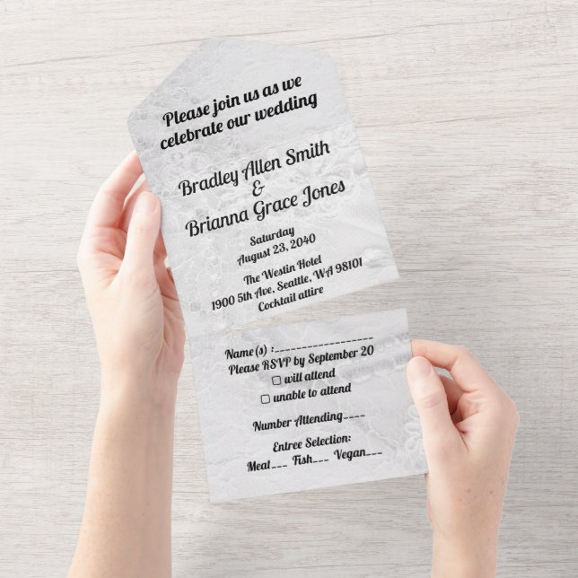 Invitation Tout En Un Dentelles et perles blanches et argentées sur sati (Déchirure)