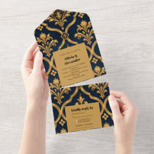 Invitation Tout En Un Design de motif vintage élégant en or et damas mar