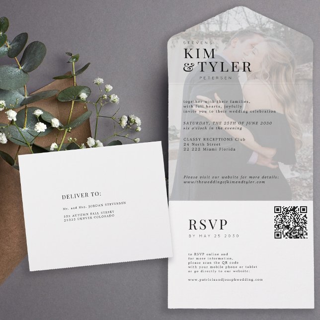 Invitation Tout En Un Design élégant photo blanc QR RSVP mariage (Créateur téléchargé)