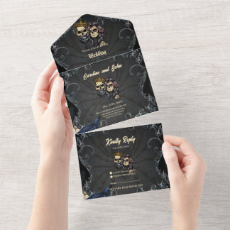 Invitation Tout En Un Design mariage gothique foncé avec crânes