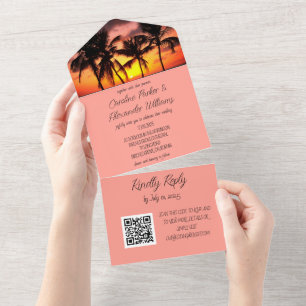 Invitation Tout En Un Destination de plage tropicale Code QR RSVP élégan