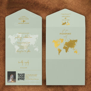 Invitation Tout En Un Destination Mariage Monde Passport Sage Vert Or