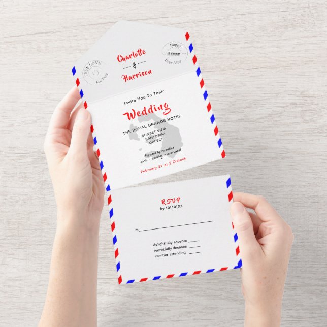 Invitation Tout En Un Destination Mariage Santorin Grèce Airmail (Déchirure)