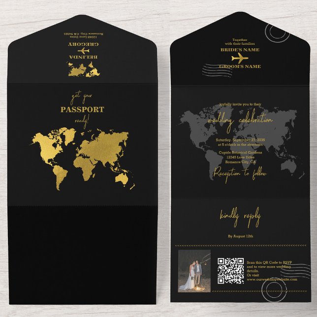 Invitation Tout En Un Destination Wedding World Passport Black Gold (Destination Wedding World Passport Black Gold All In One Invitation)