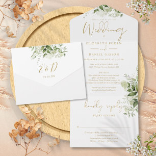 Invitation Tout En Un Détail de florale de verdure de script doré pour R