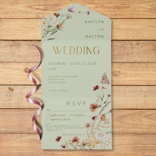 Invitation Tout En Un Détails du bouquet de fleurs sauvages vert sauge m