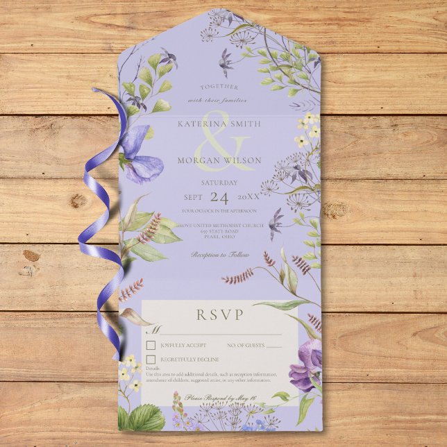 Invitation Tout En Un Détails du fabricant de Fleurs sauvages de la tail (Rustic Lavender Sage Wildflowers Lavender Details All In One Invitation)