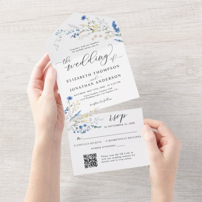Invitation Tout En Un Détails du Mariage des fleurs de dainty bleu pouss (Déchirure)